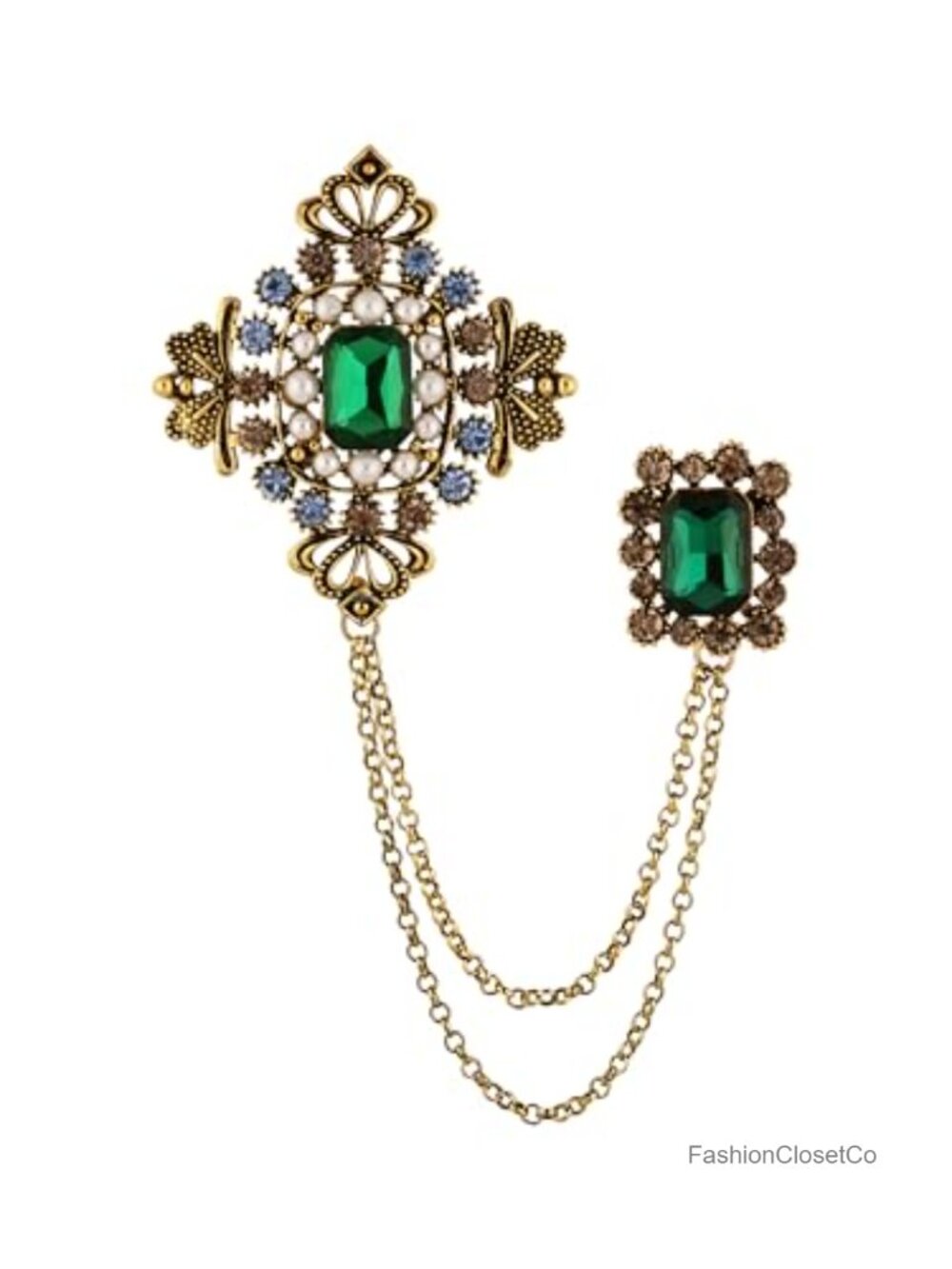 Vintage Gold Tone Two-Piece Brooch Pin Set Glass Rhinestone Faux Pearl